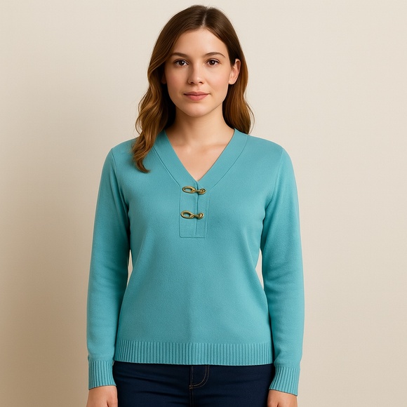 CHARTER CLUB DUCK EGG BLUE TURQUOISE COTTON BLEND V NECK SWEATER WOMENS S - Picture 1 of 8